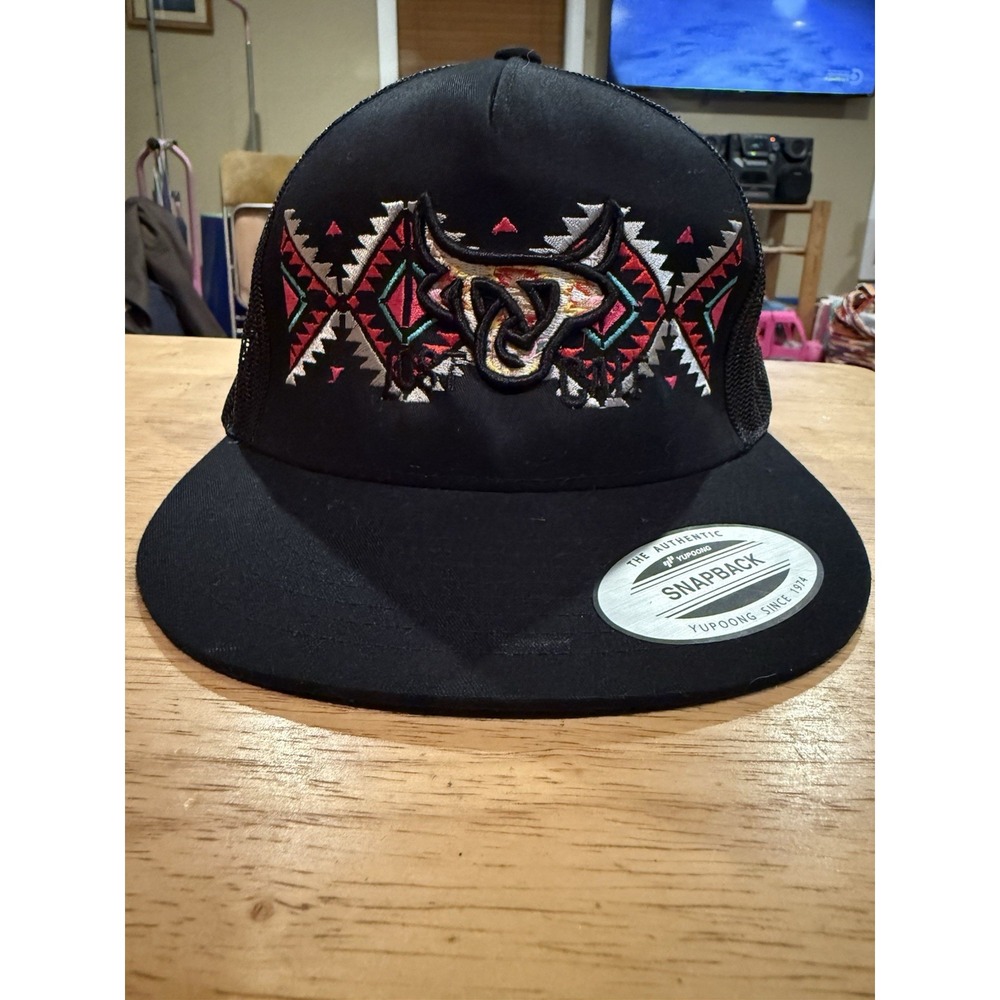 Lost Calf Men's Black Aztec Bull Embroidered Mesh Trucker Snapback Hat Cap
